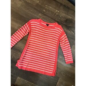 Talbots Petites Coral White Stripe Crew Neck Long Sleeve Sweater Size Petite